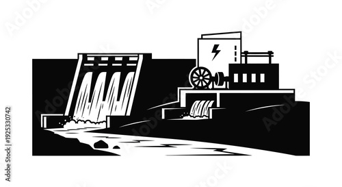 A stark black and white illustration portrays a hydroelectric dam with flowing water showcasing industrial power generation silhouette high quality