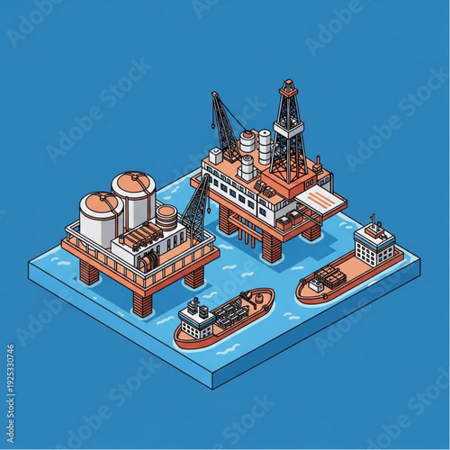 Isometric illustration of an offshore oil rig with vessels.
