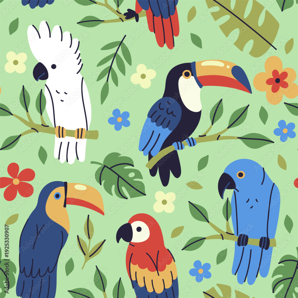 Fototapeta premium Seamless pattern with tropical birds, flowers, and leaves. Vector graphics.