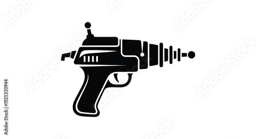 A striking black silhouette depicts a retro ray gun evoking science fiction themes and vintage aesthetics silhouette