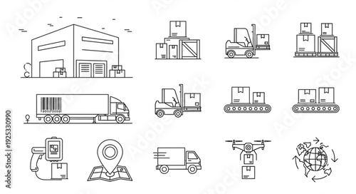 Logistics and delivery icons set warehouse truck drone and packages.