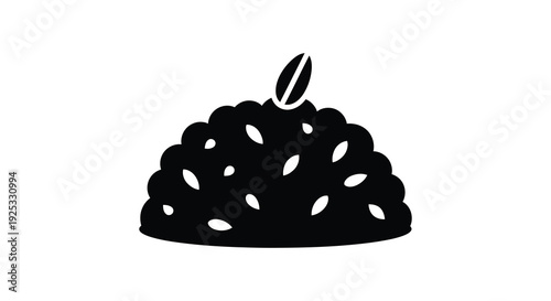 A stark black silhouette depicts a pile of coffee beans with one bean floating above showcasing a minimalist silhouette