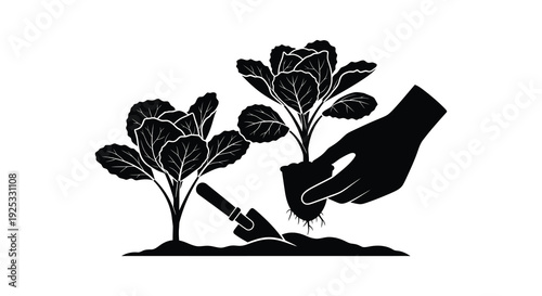 A stark black silhouette depicts gardening with leafy plants and a hand transplanting a seedling high quality professional