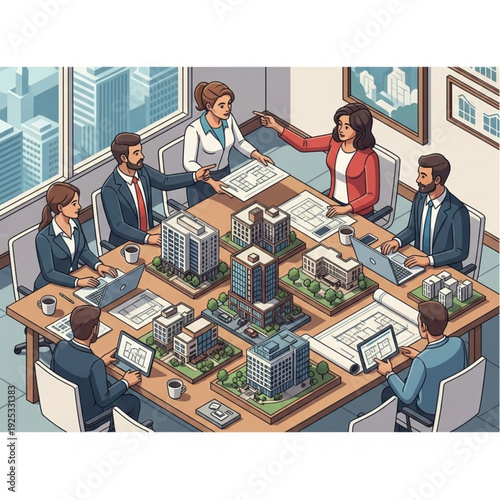 Business professionals collaborating around a table with city models.