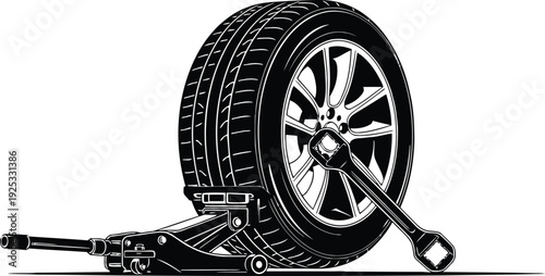 Automotive Tire Repair Silhouette Featuring Car Wheel with Hydraulic Floor Jack and Lug Wrench for Roadside Assistance and Mechanic Workshop