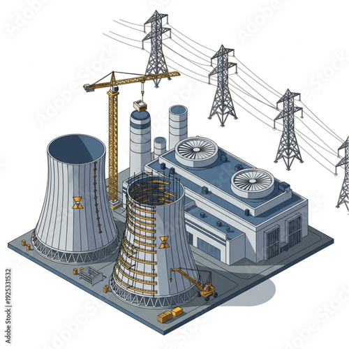 Isometric illustration of a nuclear power plant under construction with cranes and transmission towers.