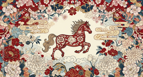 Intricate Decorative Horse Motif on Traditional Fabric.