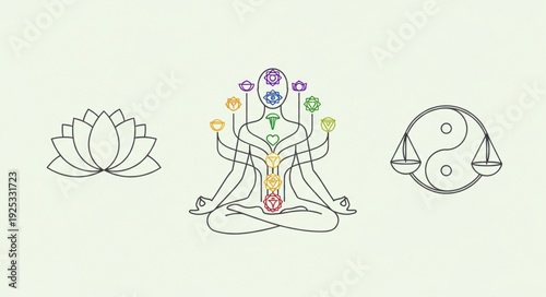 Human body chakras meditation lotus flower yin yang symbol.