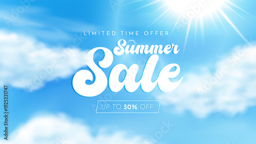 Summer sale banner. Summer sale vector with clear sky and summer clouds for banners, cards, flyers, social media wallpapers. View of summer blue sky.