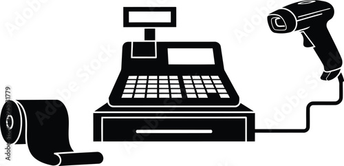 Electronic Cash Register Silhouette Featuring POS Terminal with Wired Barcode Scanner and Receipt Paper Roll for Retail Store Checkout and Small Business Payment