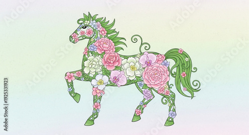 Horse made of beautiful colorful flowers and leaves.