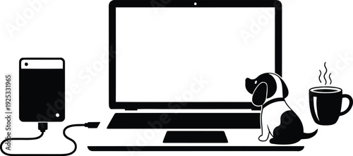 Remote Work Workspace Silhouette Featuring Laptop Computer with Small Dog External Hard Drive and Steaming Coffee Cup for Freelance Lifestyle