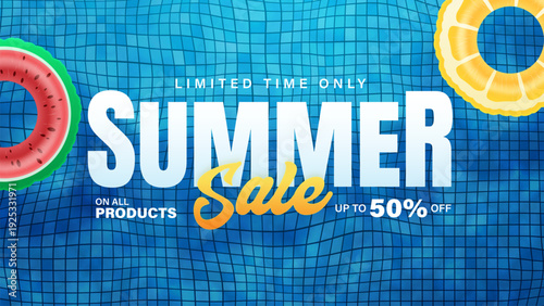 Summer sale banner. Summer sale vector with fruit pool float and discount text for banners, cards, flyers, social media wallpapers. Top view of summer blue waves, swimming pool