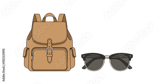 Minimalist vector illustration of a tan leather backpack with buckle details and black browline sunglasses on white.