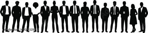 PrintBusiness silhouettes of diverse professionals standing in row, teamwork, corporate unity, workforce diversity, collaboration, leadership, organization, professional community
