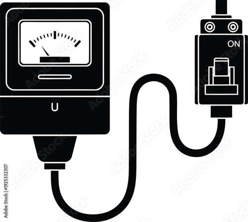 Electrical Power Control Silhouette Featuring Analog Voltage Meter with Connected Circuit Breaker Switch and Power Cable for Industrial Energy Monitoring