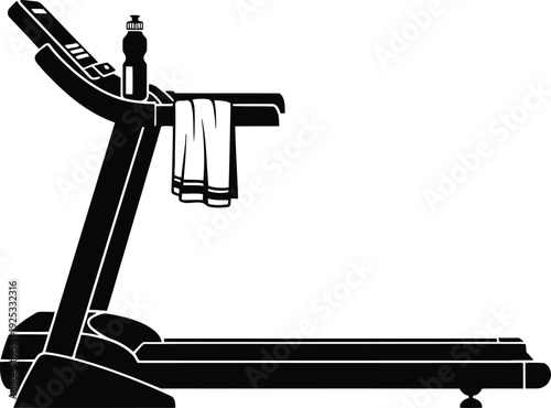 Fitness Treadmill Silhouette Featuring Electric Running Machine with Workout Towel and Water Bottle for Cardio Gym Training and Home Exercise