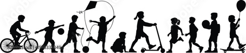 PrintSilhouettes of children playing outdoors, biking, running, skateboarding, flying kite, jumping rope, ball games, scooter riding, joyful childhood recreation