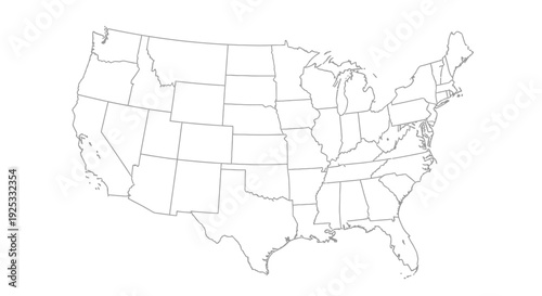 Outline map of the United States showing all state boundaries, ideal for geographical or demographic representation, isolated white background.