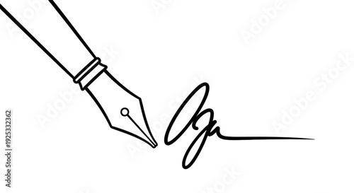 Elegant fountain pen drawing a signature line, representing contract signing and official authorization, isolated white background.