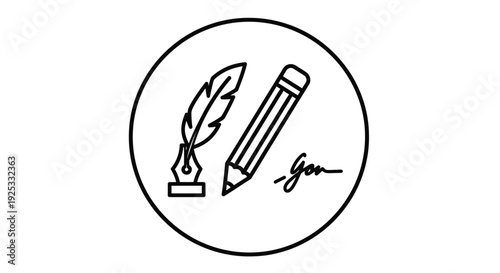 Quill pen, pencil, and signature in a circular icon, representing writing, education, and artistic expression, isolated white background.