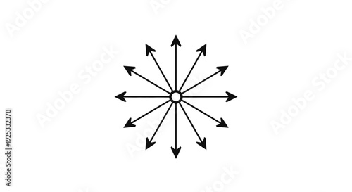 Central point with arrows radiating outwards in all directions, representing distribution, expansion, or multiple choices, isolated white background.