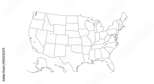 Detailed outline map of the United States with state borders, representing geography and demographics, isolated white background.