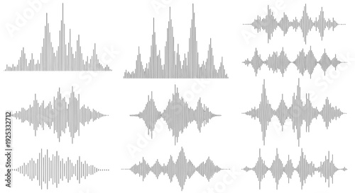Set of Diverse Sound Wave Patterns and Audio Frequencies, Visual Representation of Music or Voice, Isolated White Background