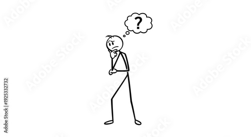 Thoughtful Stick Figure with a Question Mark Above Head, Representing Confusion and Contemplation on Isolated White Background