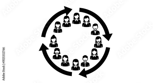 Collaborative Team Workflow Cycle with People Icons and Arrows, Representing Continuous Process on Isolated White Background