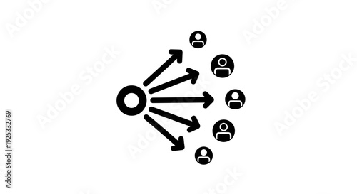 Central Point Distributing to Multiple People Icons, Illustrating Outreach and Communication Strategy on Isolated White Background