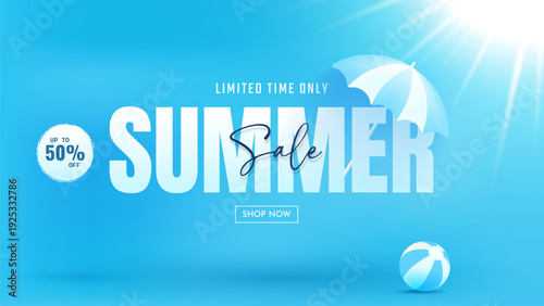 Blue summer sale promotional banner featuring large typography limited time offer text beach umbrella beach ball and sun rays background suitable for retail marketing ecommerce campaigns and seasonal 