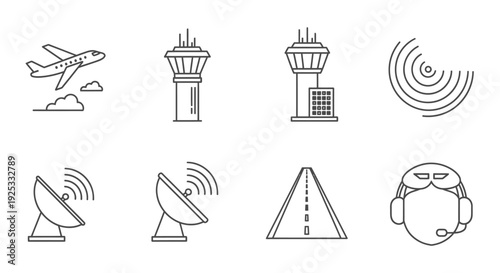 Aviation and Communication Line Icons Set with Airplane, Radar, and Control Tower on Isolated White Background