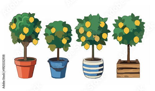 Cartoon Lemon Tree in Pots and Buckets Vector Collection