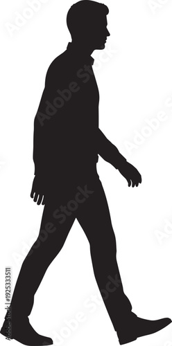 Silhouette of a man walking in mid-stride, dressed in long pants and shirt, symbolizing human gait, posture, lifestyle, motion analysis, and everyday activity.