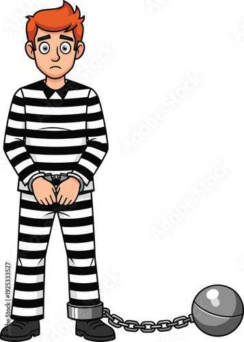 Cartoon prisoner character, striped prison uniform, shackled ankle ball chain, incarceration concept, punishment illustration, legal consequences, flat vector, cad drawing illustration