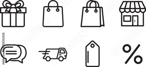 Icons representing various themes related to shopping, communication, and delivery services