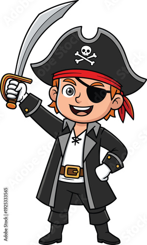 Cartoon pirate character, skull hat emblem, red bandana, eye patch, cutlass sword raised, cheerful expression, classic pirate attire, cad drawing flat vector illustration