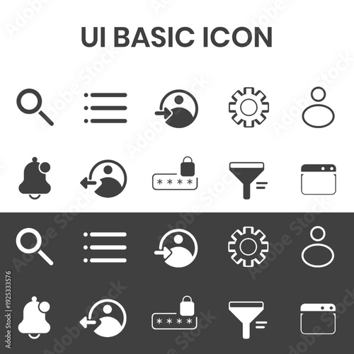 Basic UI icon set for web and mobile interfaces featuring search, menu, user, settings, notification, login, password, filter, and window symbols in light and dark styles.