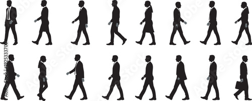 Silhouettes of business professionals walking in mid-stride, dressed in formal attire with briefcases and handbags, symbolizing corporate lifestyle, daily commute, workforce, and professional culture.