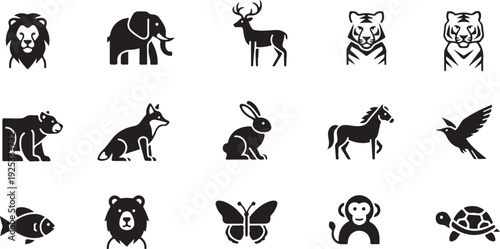 Black and white silhouettes of various animals and mythical creatures