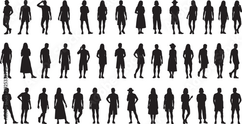 Silhouettes of diverse individuals standing in varied postures, with differences in clothing, hats, and accessories, representing human diversity, lifestyle, fashion, and demographic variation.