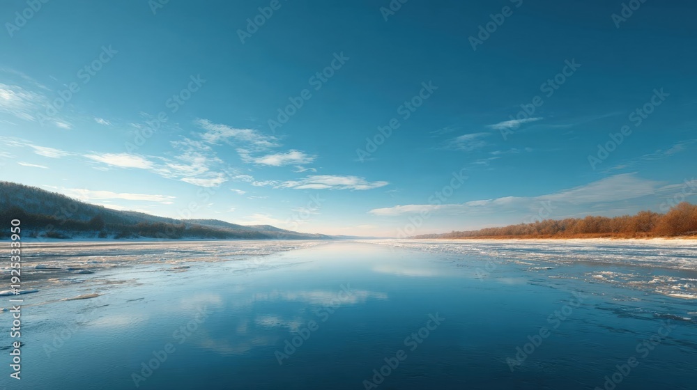 Fototapeta premium Landscape photograph of a frozen lake. the sky is a beautiful shade of blue with a few scattered clouds. the lake is calm and still, reflecting the sky and the surrounding landscape.