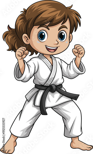 Martial arts cartoon character, karate black belt fighter, judo gi uniform stance, discipline strength confidence, cheerful athlete training, cad drawing flat vector illustration