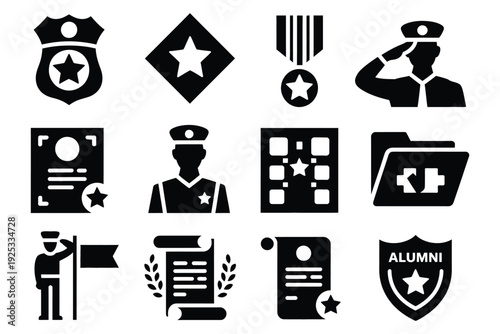 Retired Icons Collection, Solid Style Icons of Retired Police and Veterans, Retired Badge Icon, Folded Flag with Star, Service Symbol, Vector Illustration.