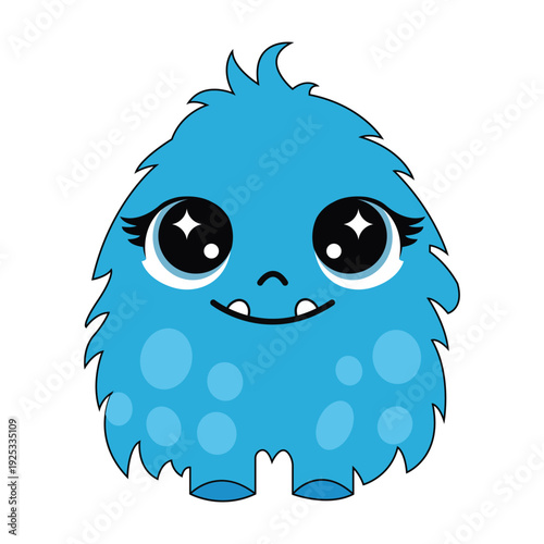Cute Blue Furry Monster Character with Big Sparkly Eyes and Tiny Teeth Vector Illustration