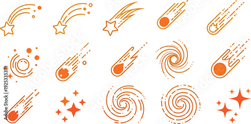Orange Comet, Meteor and Spiral Galaxy Icons Collection Flat Space Vector Set