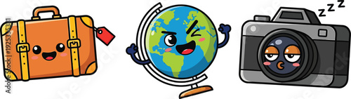 Cute Cartoon Travel Characters Set: Happy Suitcase, Smiling Globe, and Sleepy Camera Mascot Illustrations for Global Tourism and Photography Concept
