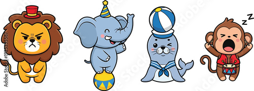 Cute Circus Animals Set: Lion, Elephant, Seal and Monkey Characters