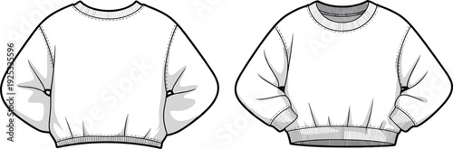 Cropped sweatshirt flat sketch, front and back view, CAD vector drawing, fashion illustration, cozy pullover design, ribbed cuffs, casual wear
